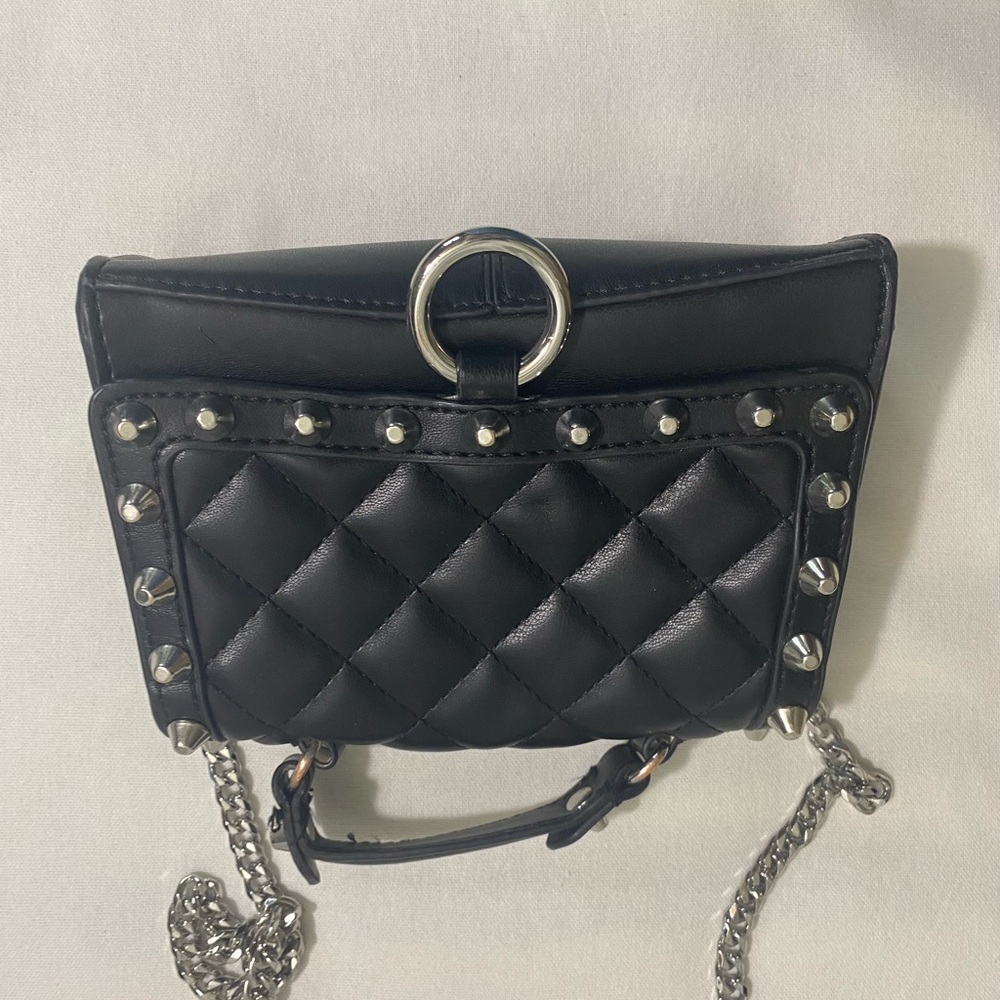 Zara Black Quilted Studded Crossbody Bag Chain Strap O Ring Mini Purse - Picture 3 of 10